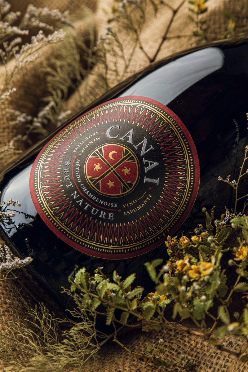 Canai Brut Nature Sparkling wine label design Mendoza Argentina Gold and Red Origin Ancestral