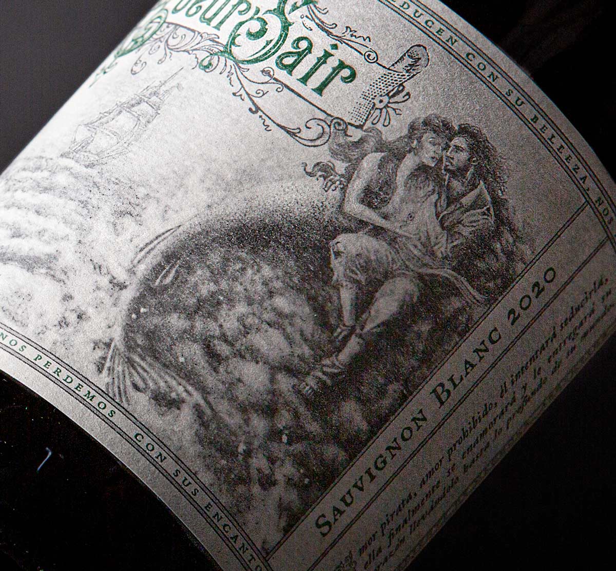 Etiqueta de vino CoeurSair Sauvignon Blanc diseño retro ilustracion sirena piratas